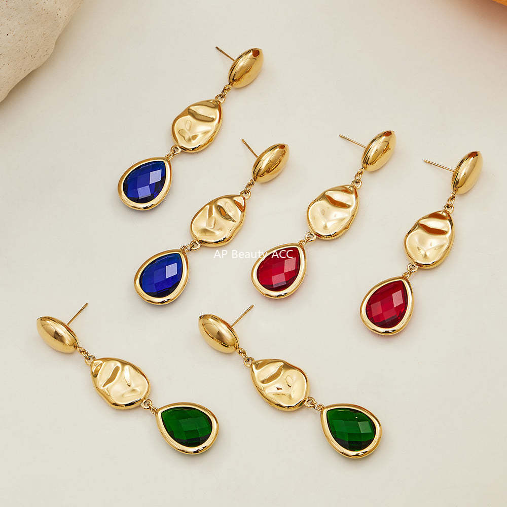 D관 - 스테인리스 스틸 물방울 컷팅 글라스 스톤 18K도금 드롭 귀걸이 [F764] 25.12-1