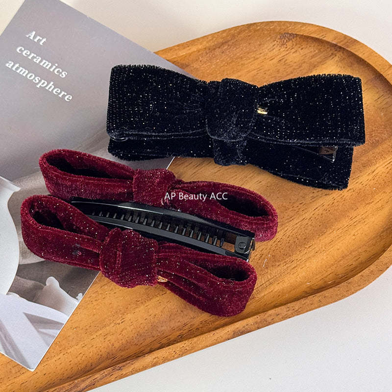 E관 - 글리터 벨벳 리본 모양 바나나 집게핀 [27763] 25.12-1