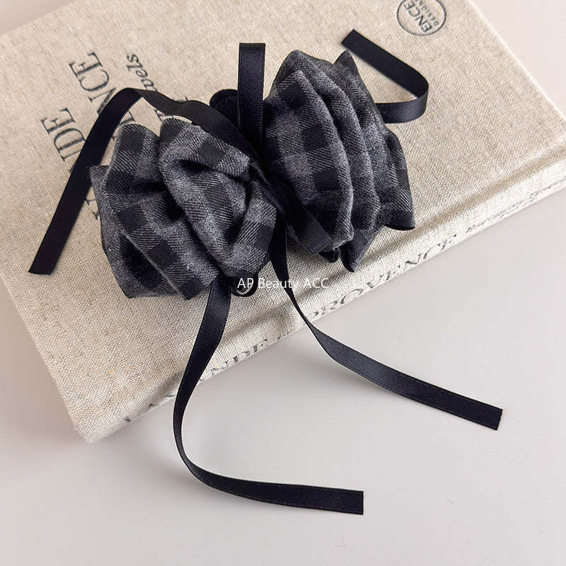 E관 - 그레이 체크 기모 리본 스트랩 집게핀 [27723] 25.11-4