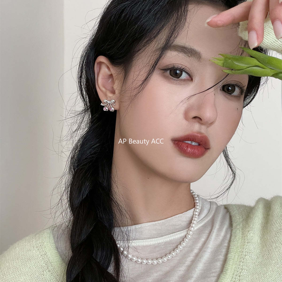 A관 - 925 은침 리본 핑크 큐빅 체리 귀걸이 [EH-2880] 24.05-3