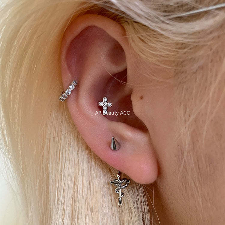 A관 - 꼬임 스네이크 십자가 티타늄 스틸 피어싱 귀걸이 [EH-4346] 25.12-3