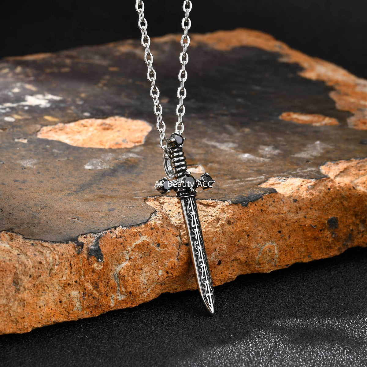 G관 - 스테인리스 스틸 블랙 큐빅 검 펜던트 목걸이 [PN-2246] 25.10-5