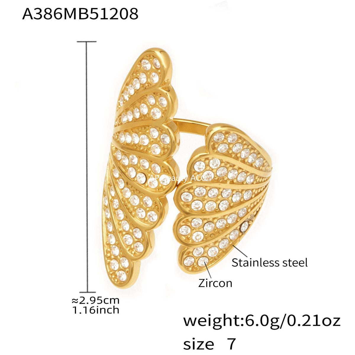 D관 - 스테인리스 스틸 18K 도금 큐빅 날개 모양 오픈형 반지 [A386] 25.12-3