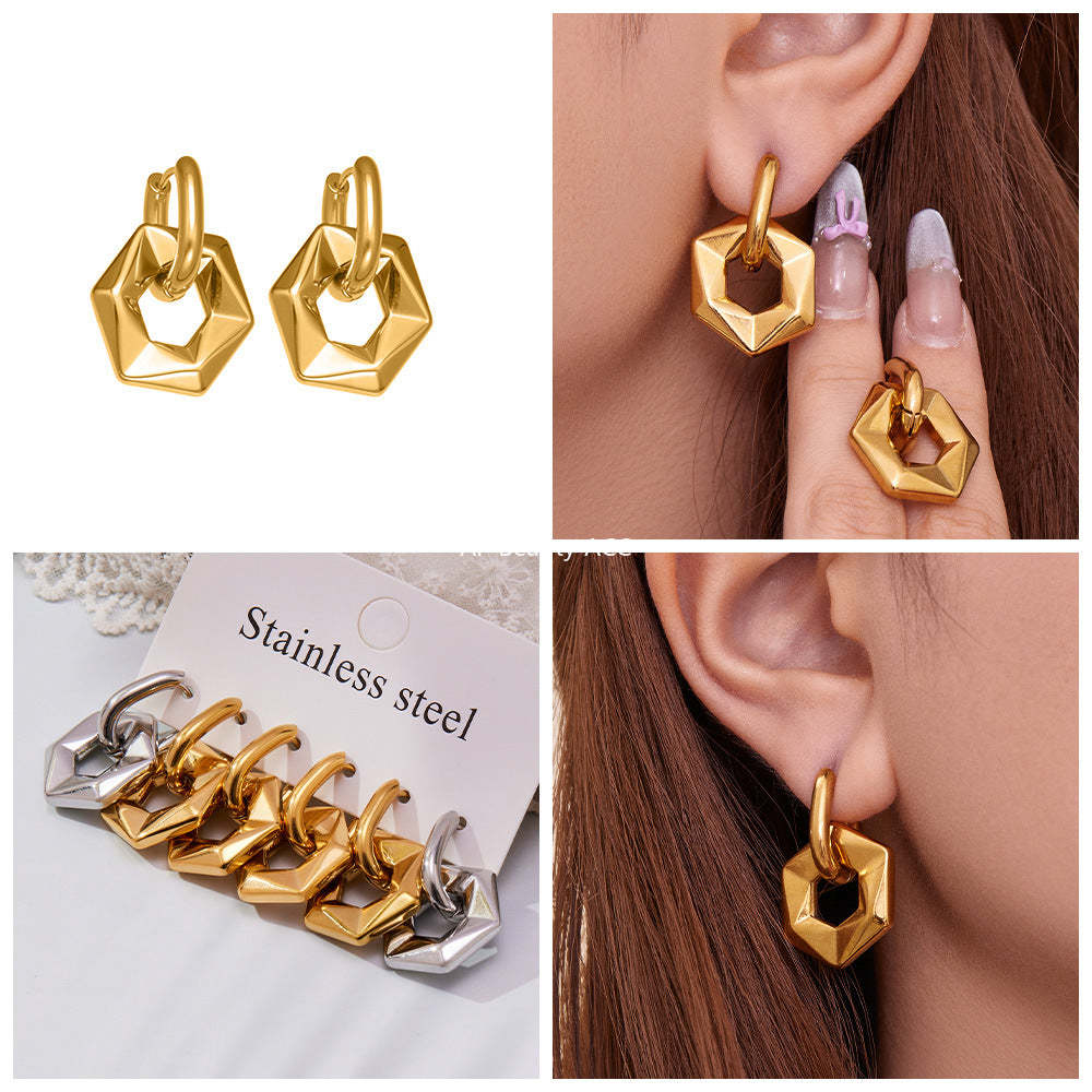 D관 - 스테인리스 18K 도금 비정형 육각형 펜던트 귀걸이 [F364] 25.10-5