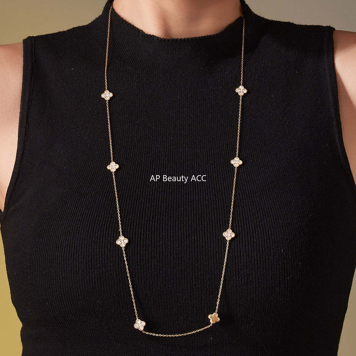 D관 - 클로버 플라워 풀큐빅 스테인리스 스틸 롱 목걸이 [M086] 25.11-3