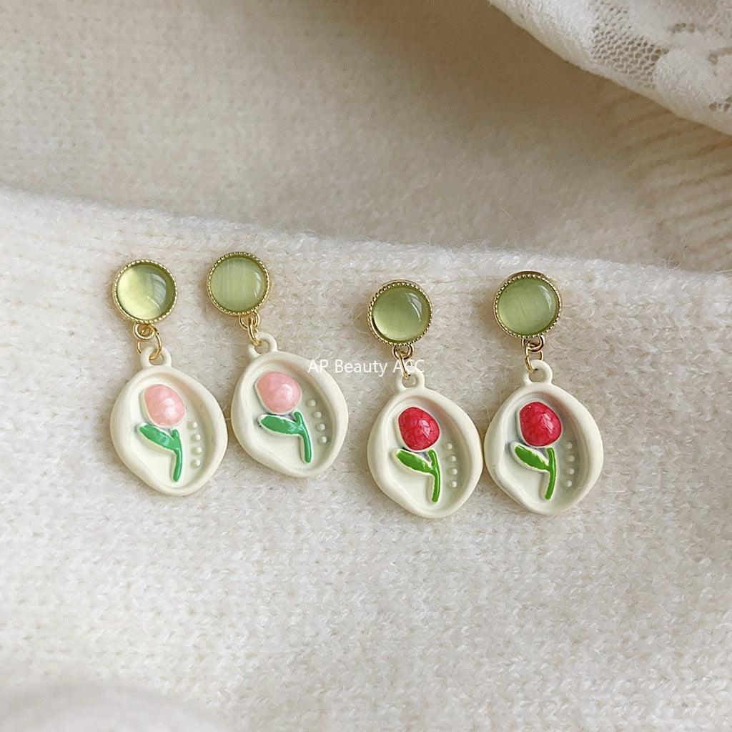 C관 - 14K 도금 봄 여름 튤립 유리 묘안석 에나멜 귀걸이 [3673-3674] 24.03-4