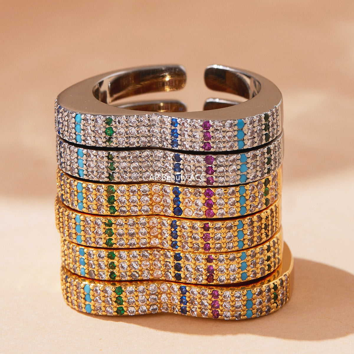 D관 - 18K 골드 도금 스테인리스 스틸 큐빅 하트 모양 반지 [A560-A561] 25.10-1