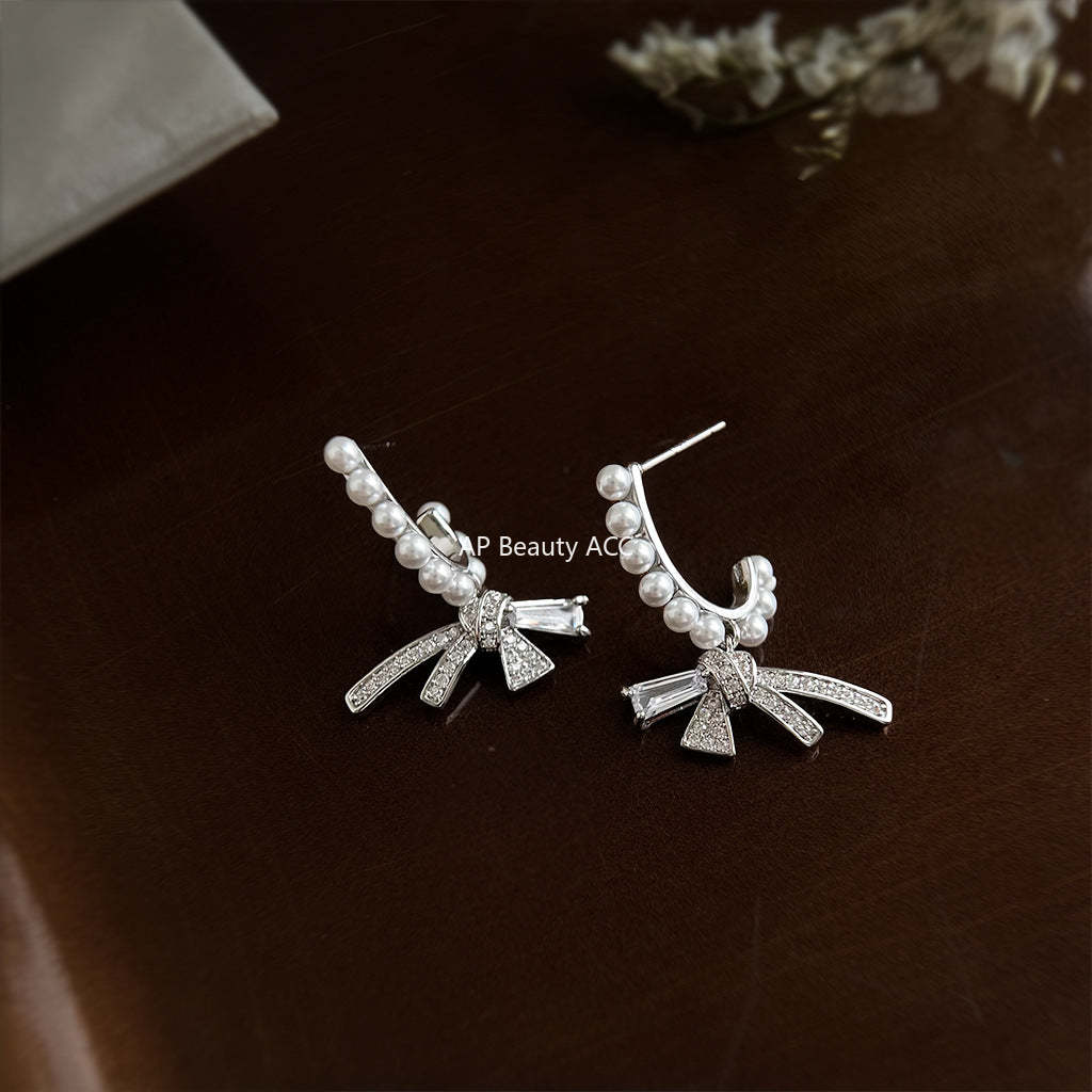 C관 - 925 은침 큐빅 리본 디자인 진주 귀걸이 [6724] 25.09-2