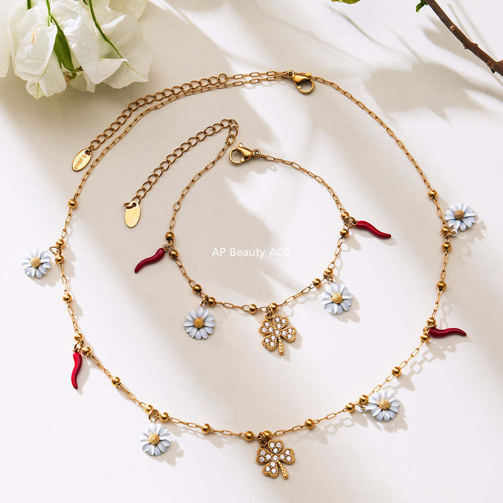 D관 - 스테인리스 스틸 네잎클로버 데이지 펜던트 큐빅 목걸이 팔찌 [TXP483] 25.11-4