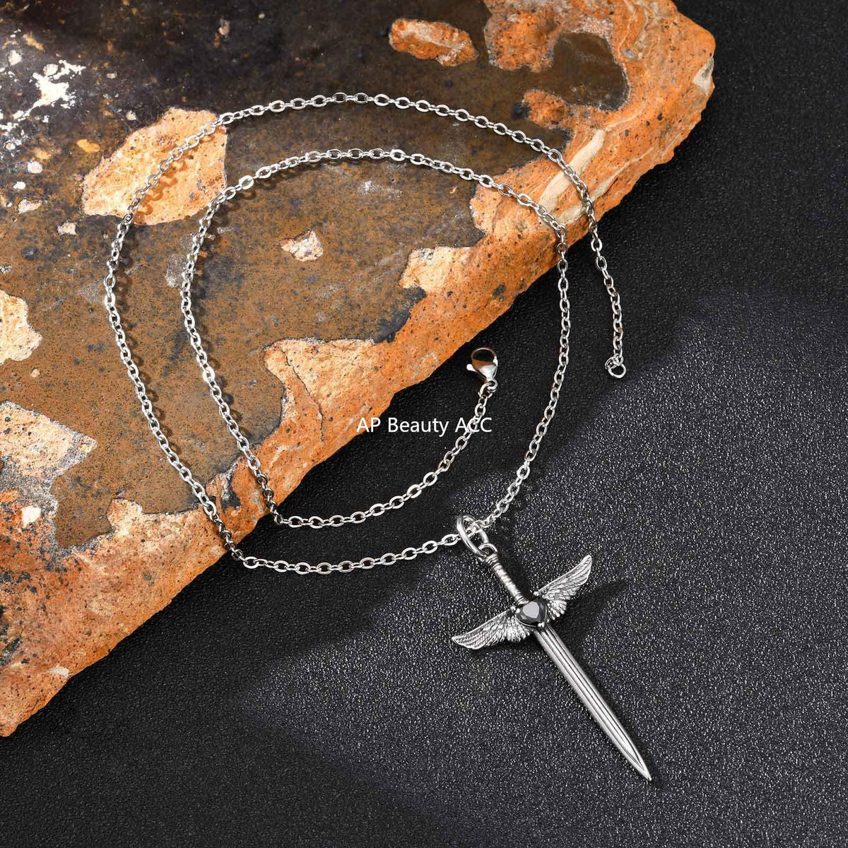 G관 - 스테인리스 스틸 블랙 소드 날개 펜던트 목걸이 [PN-2245] 25.10-4