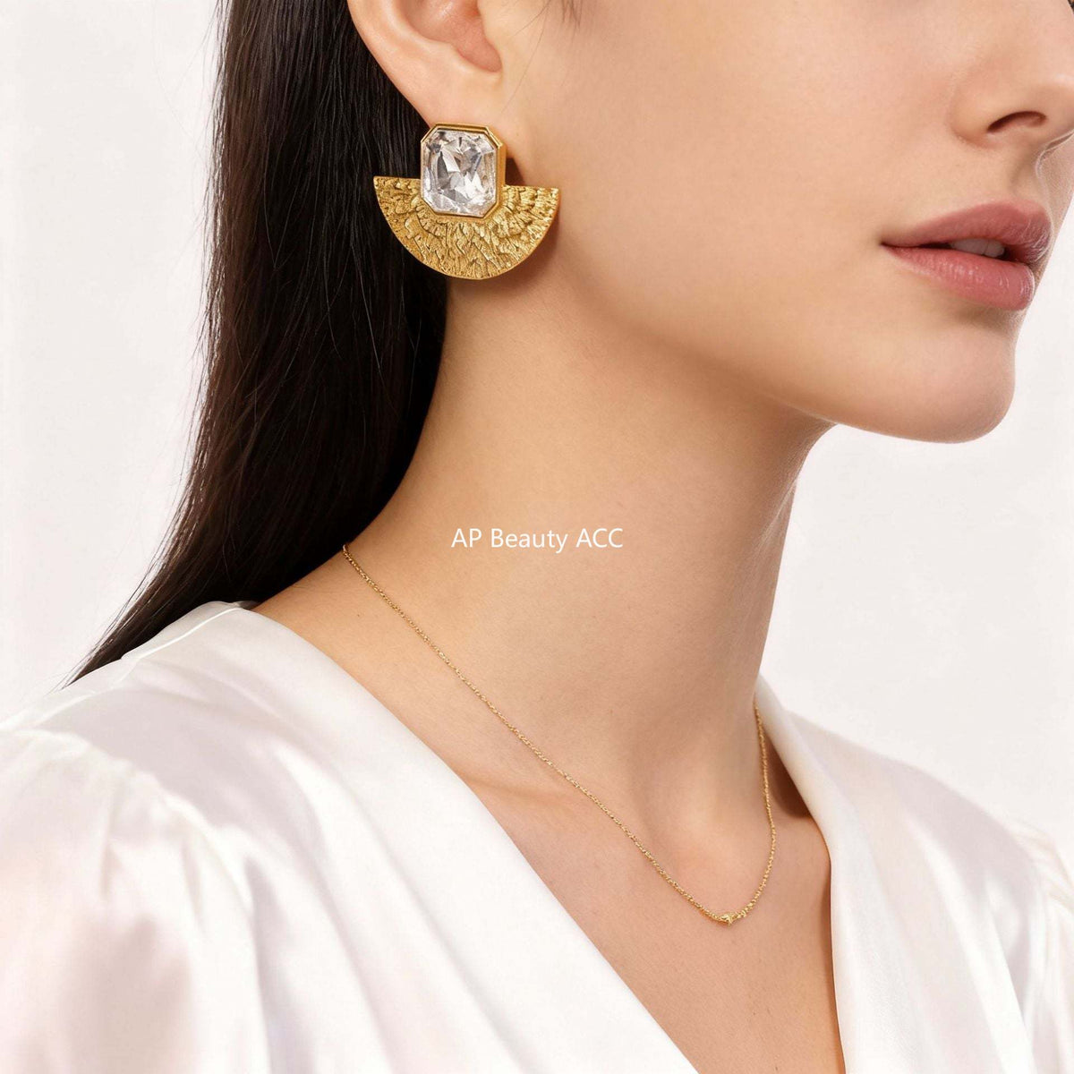 D관 - 스테인리스 스틸 글라스 스톤 부채 모양 귀걸이 목걸이 [F1153-P1690] 25.12-1