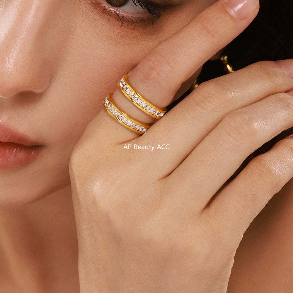 D관 - 18K 도금 더블 라인 큐빅 스테인리스 스틸 반지 [A194] 25.03-1