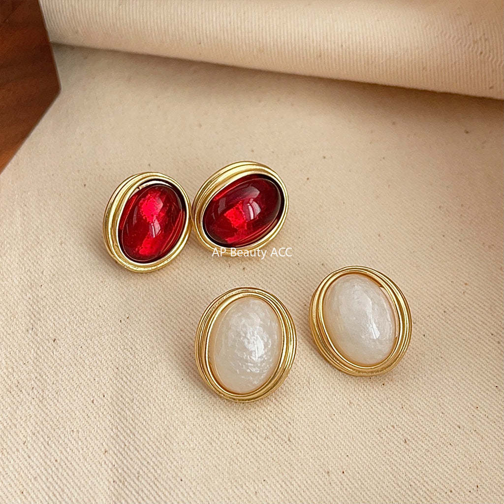 C관 - 프렌치 레트로 홍콩 스타일 와인 레드 타원형 14K 도금 무광 귀걸이 [3570-3571] 24.01-2