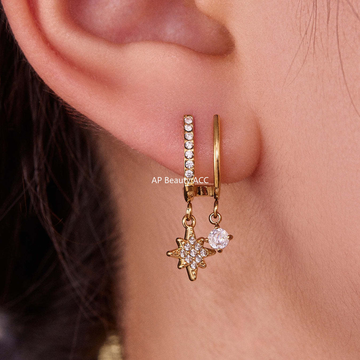D관 - 스테인리스 큐빅 더블 레이어 별 디자인 귀걸이 [F1327] 25.10-5