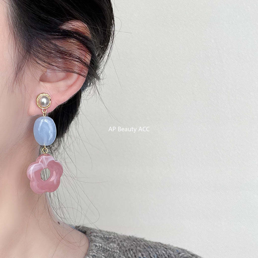 C관 - 상반된 디자인 핸드메이드 꽃 은침 귀걸이 [3728] 24.04-1