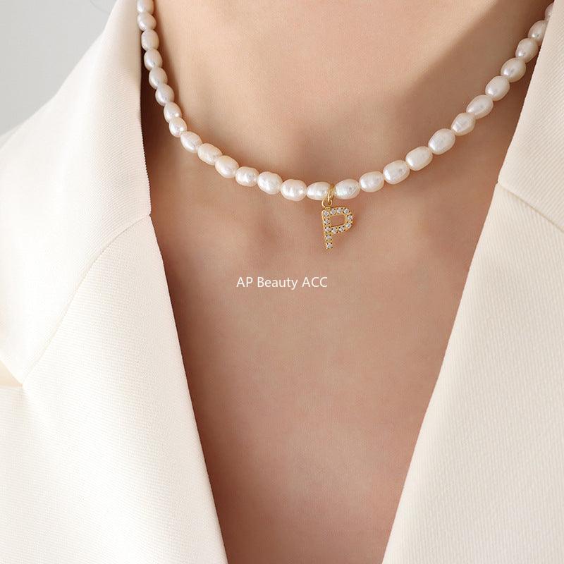 D관 - 담수진주 알파벳 큐빅 펜던트 티타늄 스틸 18K 도금 목걸이 [P1301] 24.01-2