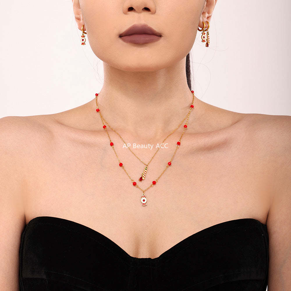 D관 - 캔디 기프트 더블 레이어 가넷 스테인리스 스틸 목걸이 팔찌 비대칭 귀걸이 [TXP187-TXE187-TXF187] 24.11-3