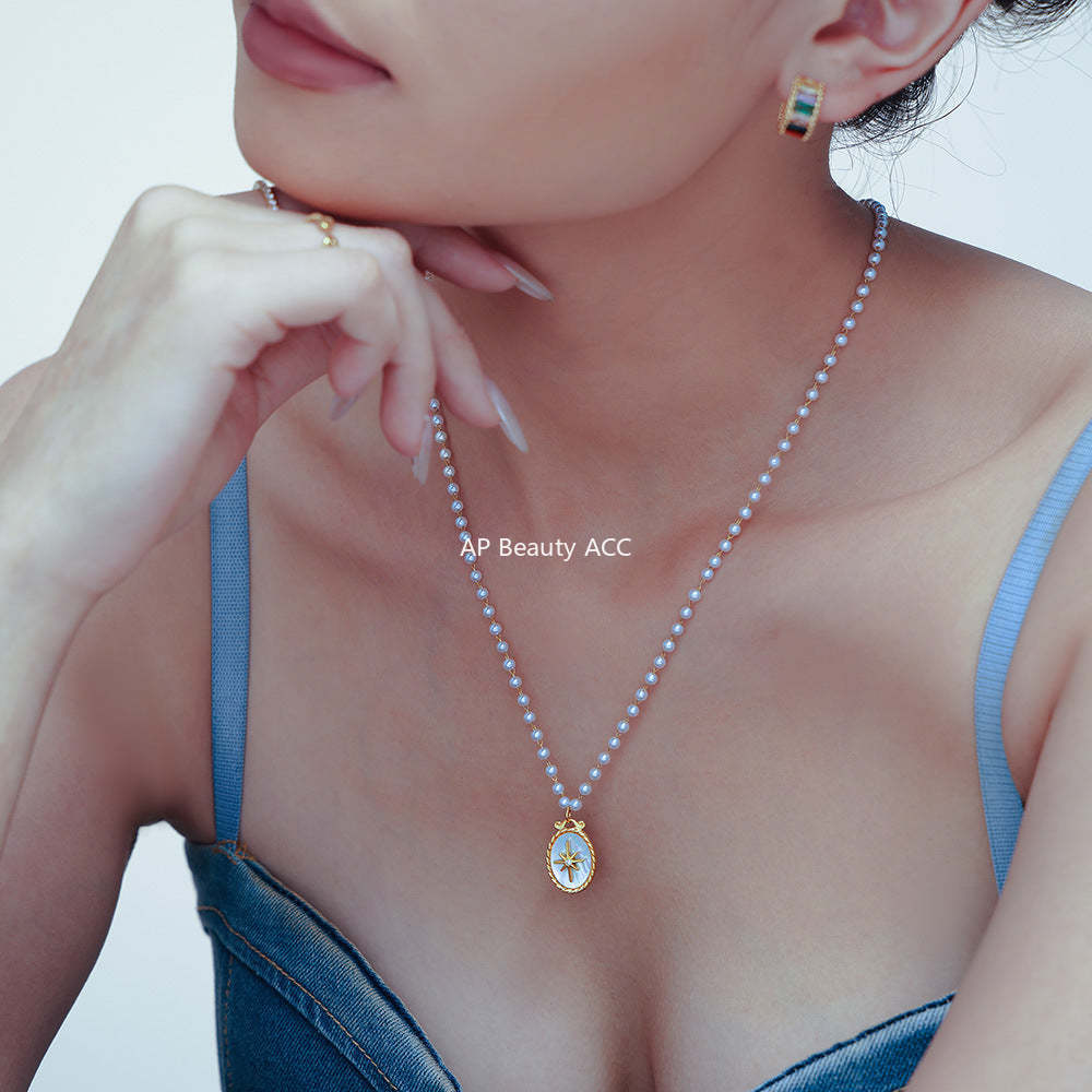 D관 - 타원형 자개 8각 모조 진주 체인 캐주얼 티타늄 스틸 목걸이 [P2071] 24.10-2