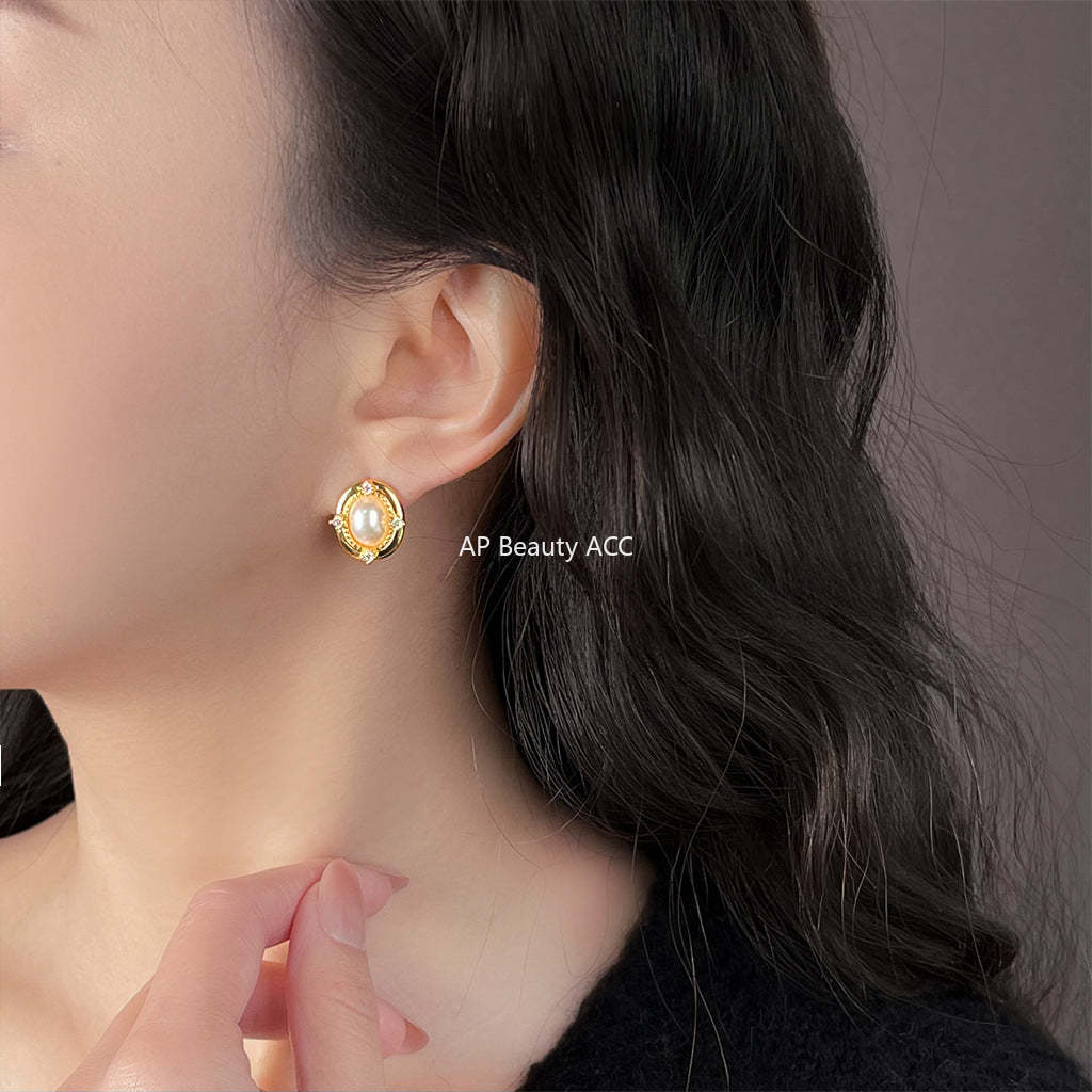 C관 - 14K 도금 925 은침 타원형 진주 큐빅 귀걸이 [5467] 25.02-2