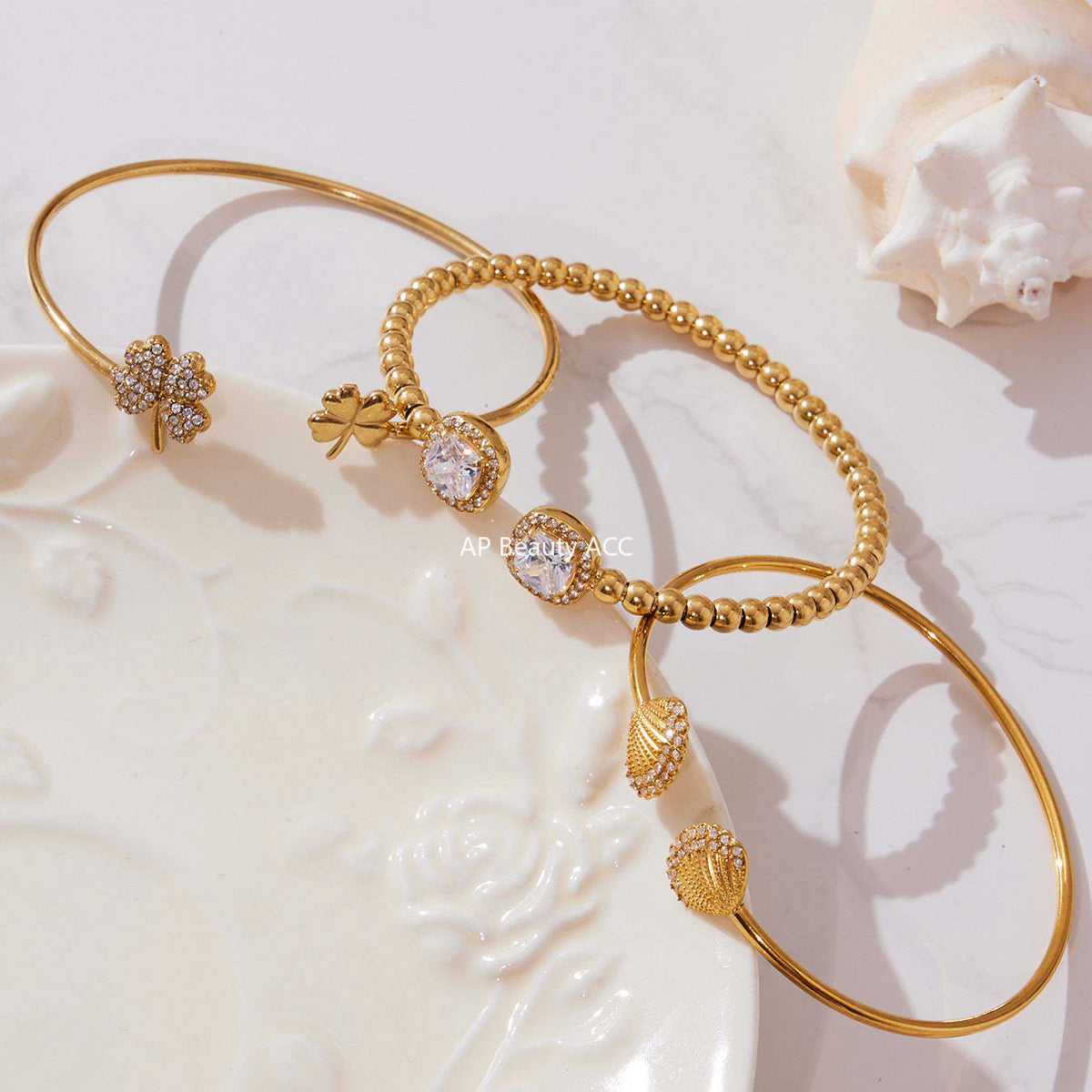 D관 - 스테인리스 18K 도금 큐빅 스틸볼 클로버 오픈형 팔찌 [Z503-Z504-Z505] 25.10-5