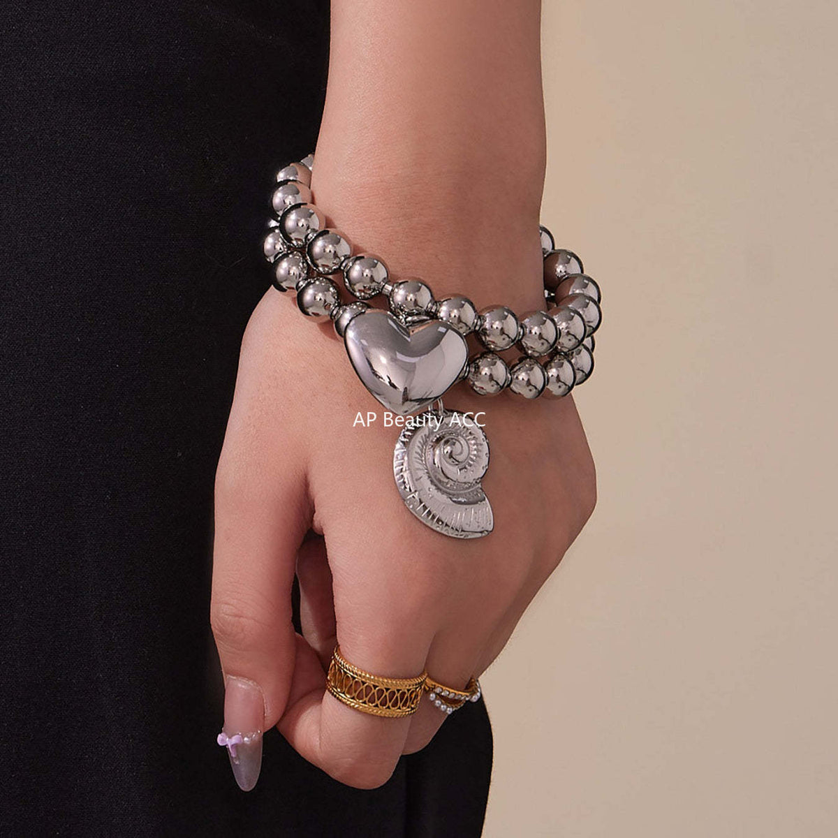 D관 - 스테인리스 18K 도금 대형 하트 펜던트 스틸볼 팔찌 [E701-E702] 25.10-5