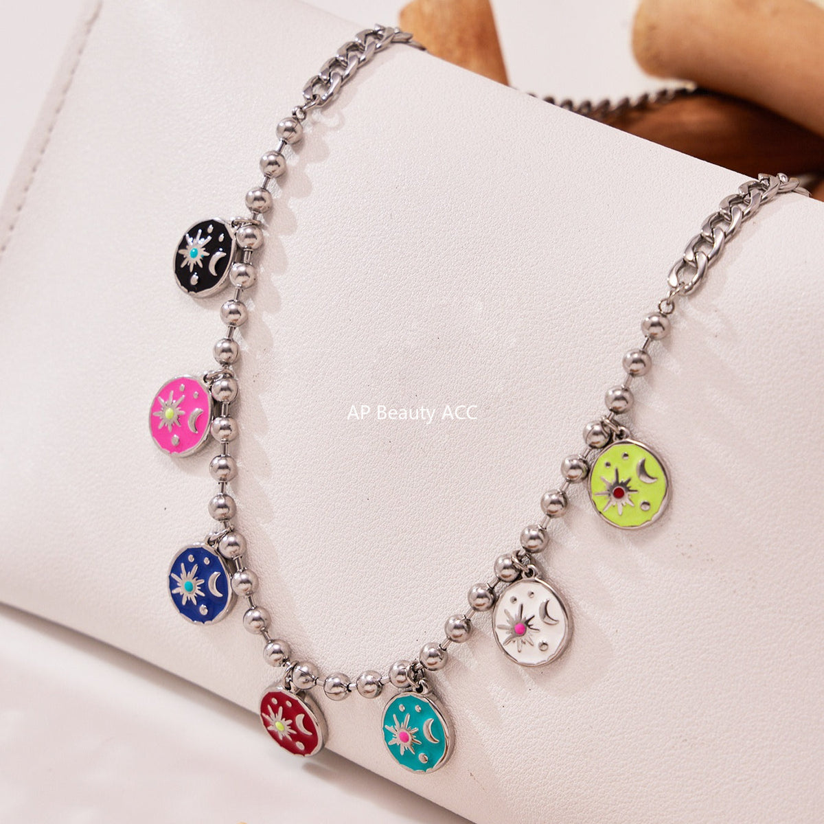 D관 - 스테인리스 스틸 에나멜 해 달 원형 펜던트 목걸이 [P158] 25.10-3