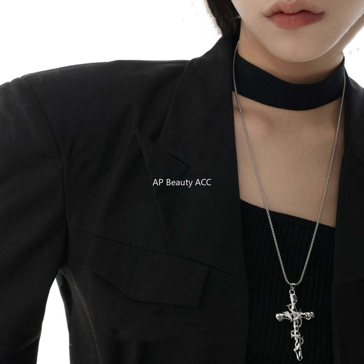 G관 - 블랙 가시 십자가 덩굴 장식 펜던트 유니섹스 목걸이 [X724] 24.11-1