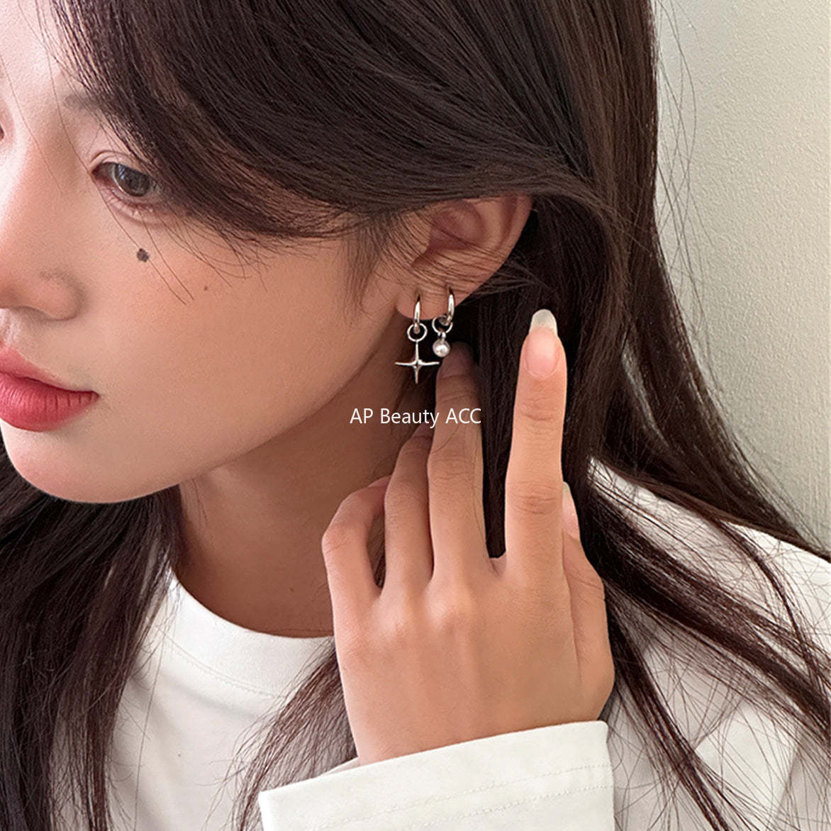 A관 - 925 은침 사각 별 진주 펜던트 언밸런스 귀걸이 [EH-2386] 25.01-3