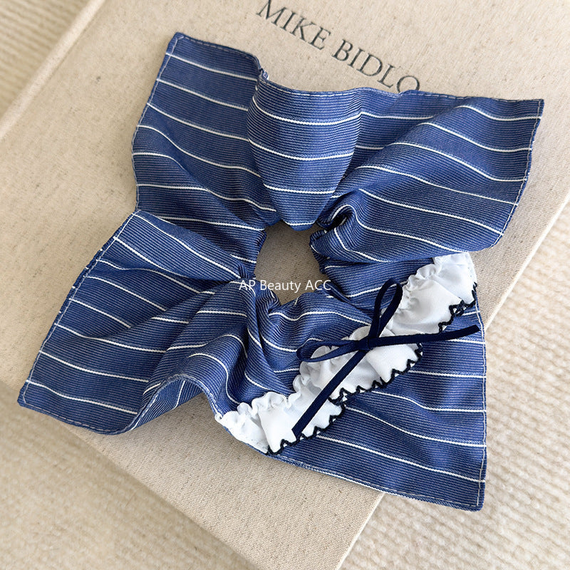 E관 - 블루 체크 패브릭 레이스 리본 곱창 헤어밴드 [26462] 25.10-2