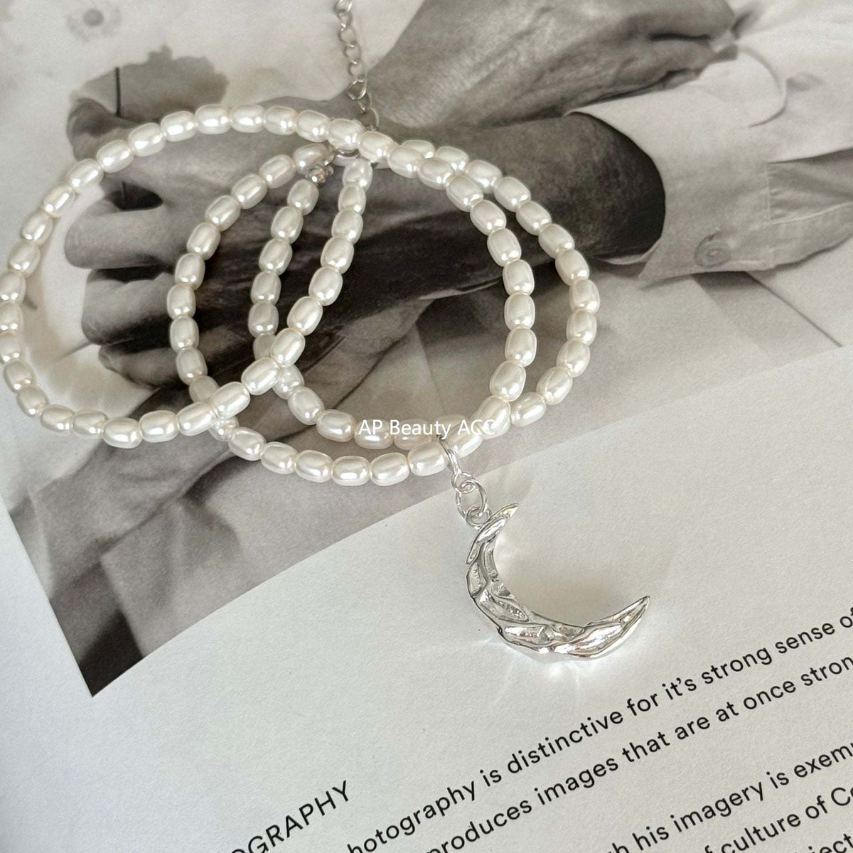F관 - 925 실버 달 주름무늬 모조 진주 목걸이 [B869] 25.10-5