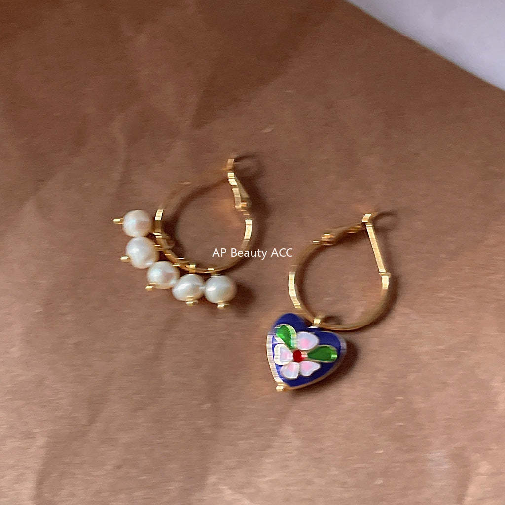 C관 - 고급스러운 글라스 진주 하트 비대칭 은침 귀걸이 [1242] 24.04-2