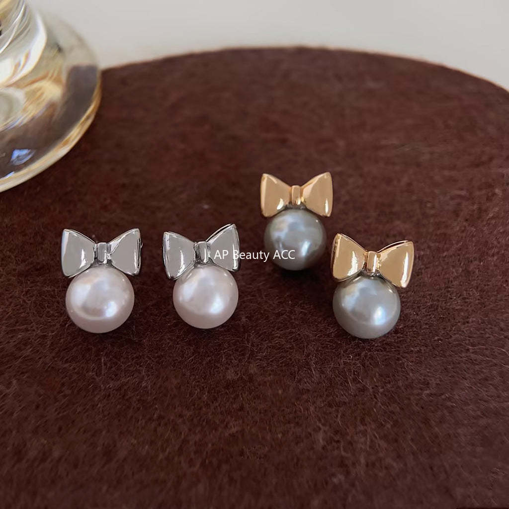 C관 - 고급스러운 글라스 진주 리본 14K 도금 은침 귀걸이 [3847-3848] 24.04-3