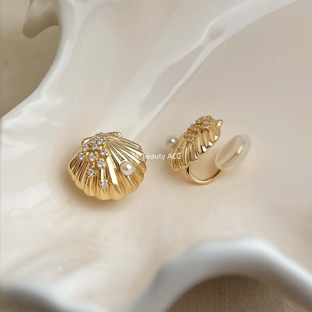C관 - 큐빅 별 조개 디자인 14K 도금 925 은침 이어커프 귀걸이 [6089-6090] 25.05-4