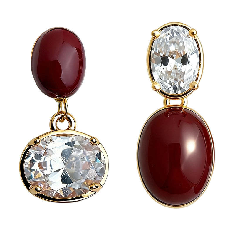 C관 - 와인 레드 큐빅 비대칭 925 은침 귀걸이 [7227] 25.12-2