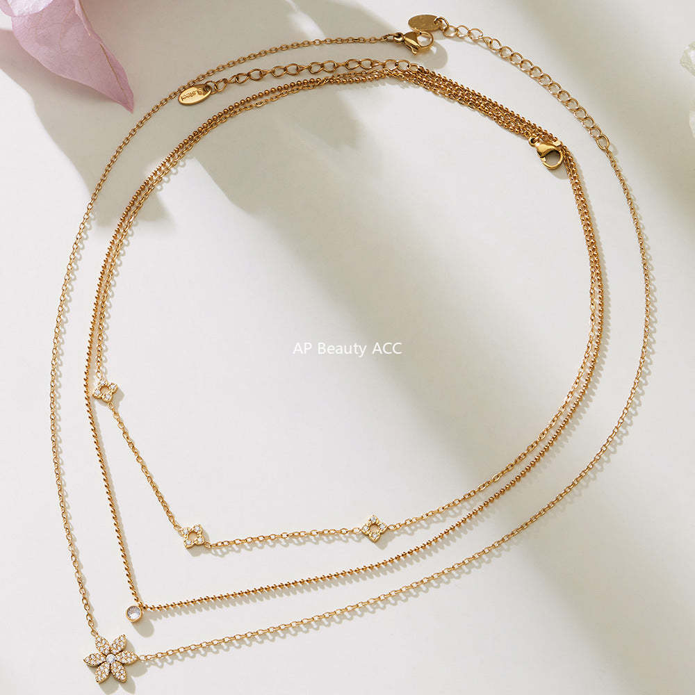 D관 - 스테인리스 스틸 플라워 풀큐빅 더블 레이어드 팔찌 목걸이 [TXP492] 25.11-4