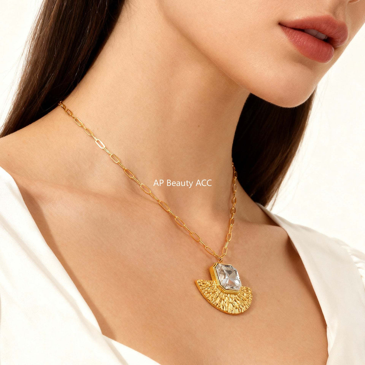 D관 - 스테인리스 스틸 글라스 스톤 부채 모양 귀걸이 목걸이 [F1153-P1690] 25.12-1