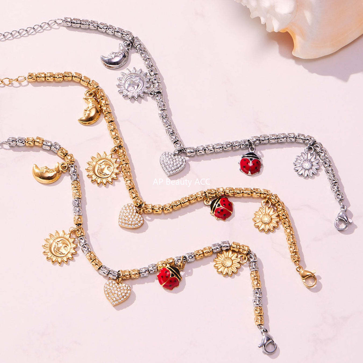 D관 - 스테인리스 18K 도금 하트 멀티 펜던트 스틸 비즈 팔찌 [E696-E697-E698] 25.10-5