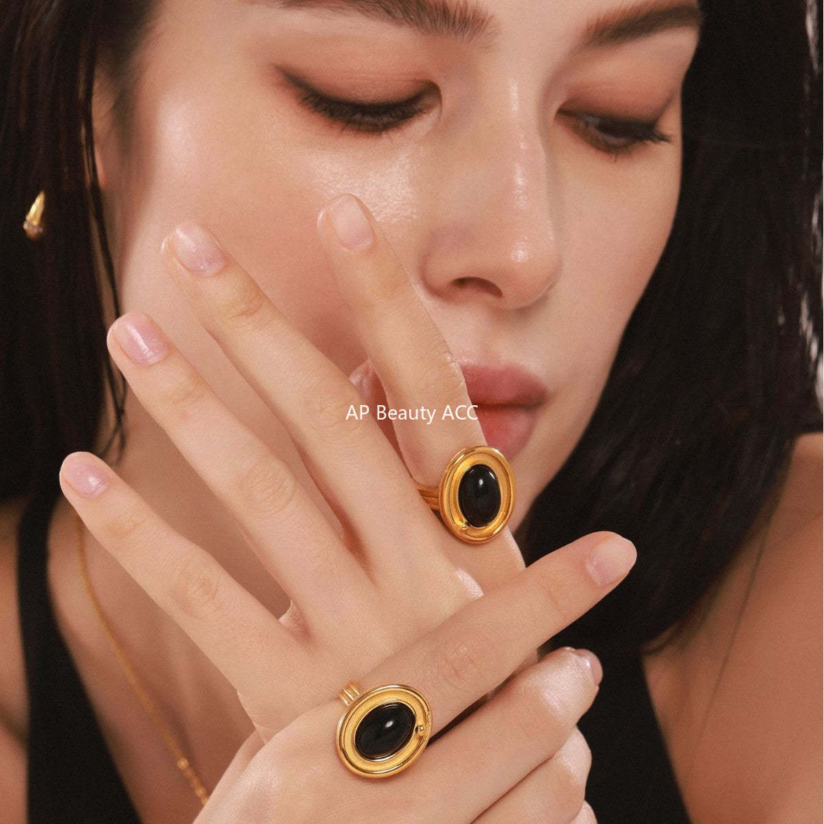 D관 - 18K 도금 타원형 블랙 오닉스 스테인리스 스틸 반지 [A686] 25.03-1
