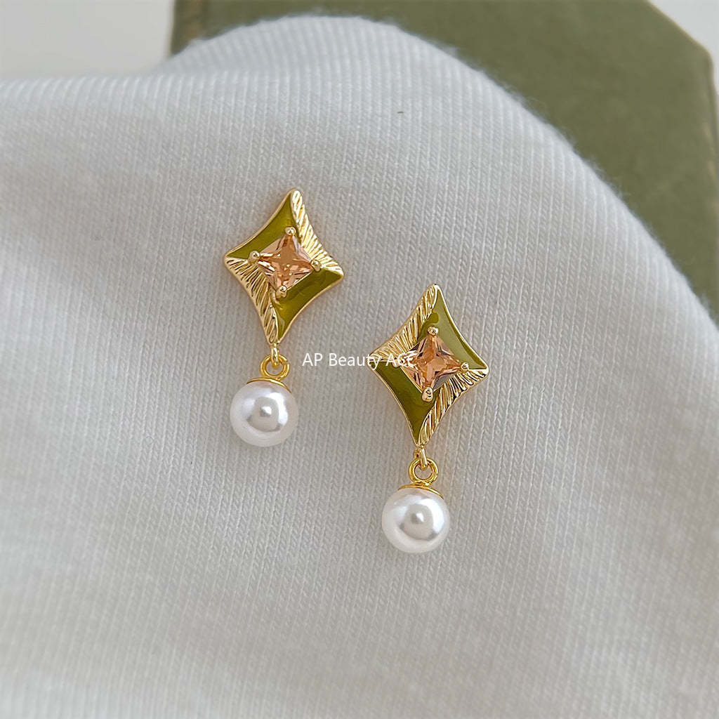 C관 - 925 은침 다이아몬드 모양 큐빅 진주 귀걸이 [7216] 25.12-3