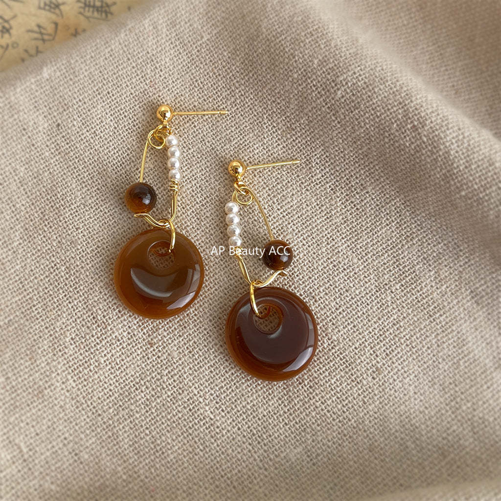 C관 - 호안석 원형 드롭 핸드메이드 925 은침 귀걸이 [7147] 25.11-4