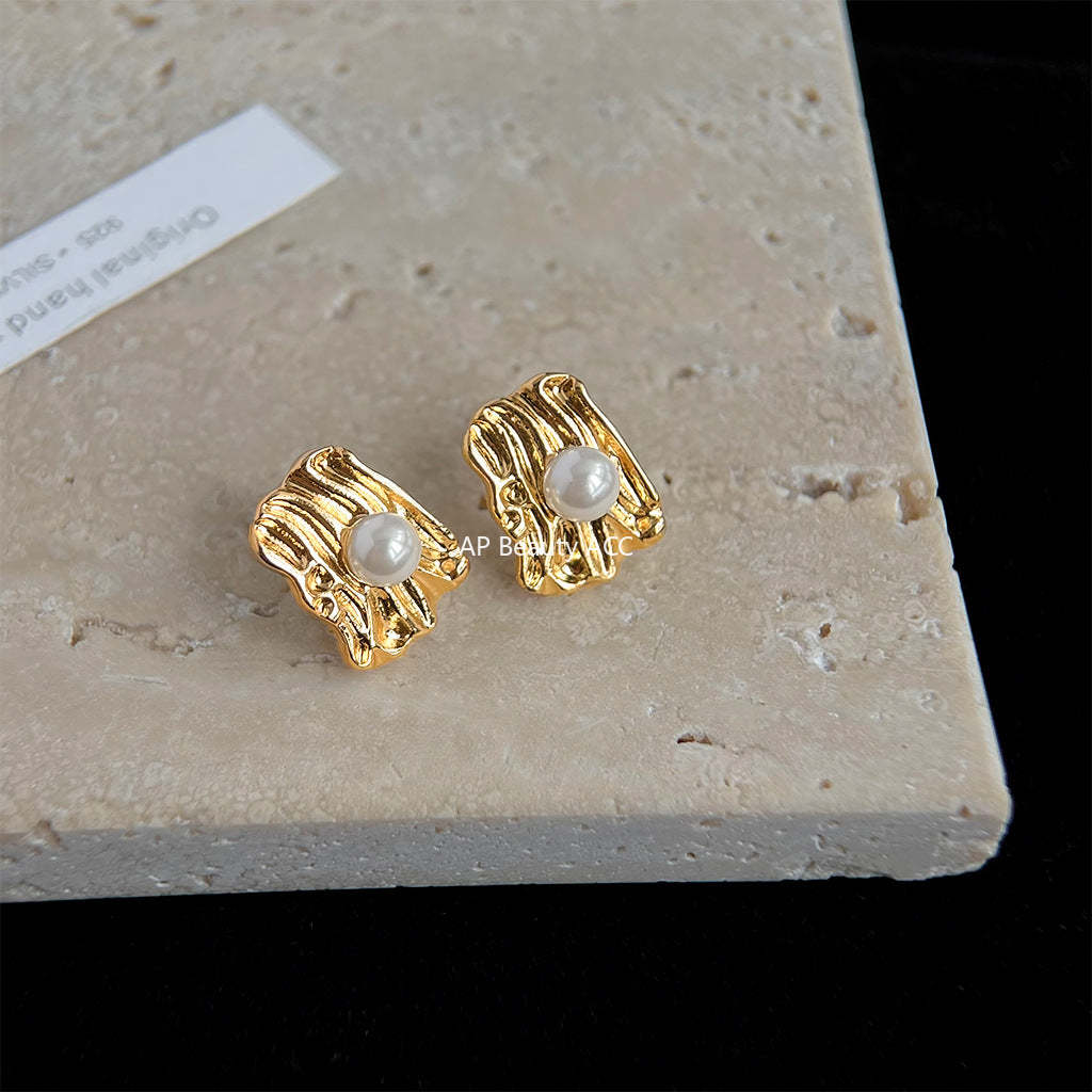 C관 - 기하학 텍스처 14K 도금 진주 심플 세련된 귀걸이 [4399] 24.07-1