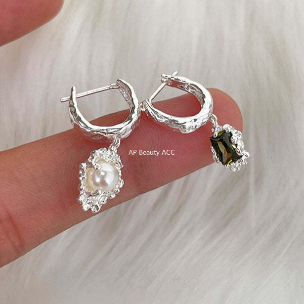 A관 - 925 은침 큐빅 진주 언밸런스 후프 귀걸이 [EH-4120] 25.10-5