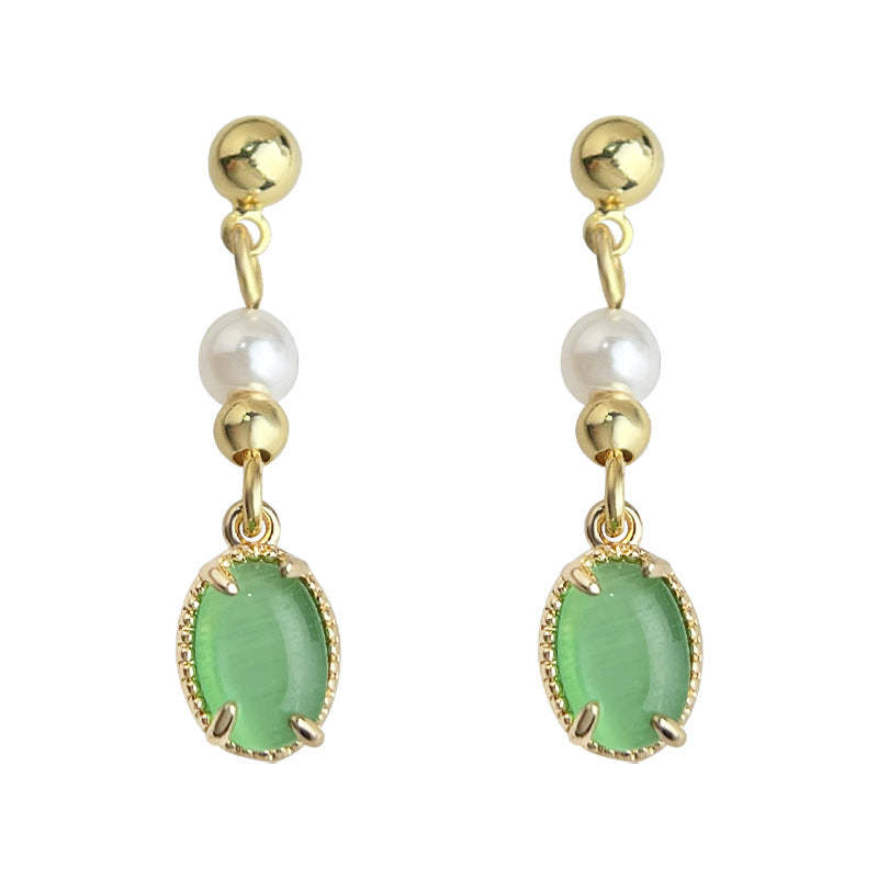 C관 - 그린톤 묘안석 물방울 디자인 핸드메이드 은침 귀걸이 [5576] 25.03-1