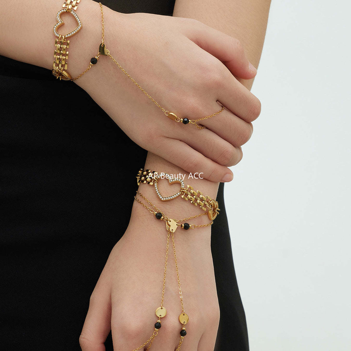 D관 - 스테인리스 스틸 18K 도금 하트 큐빅 천연석 팔찌 [E162-E169] 25.12-3