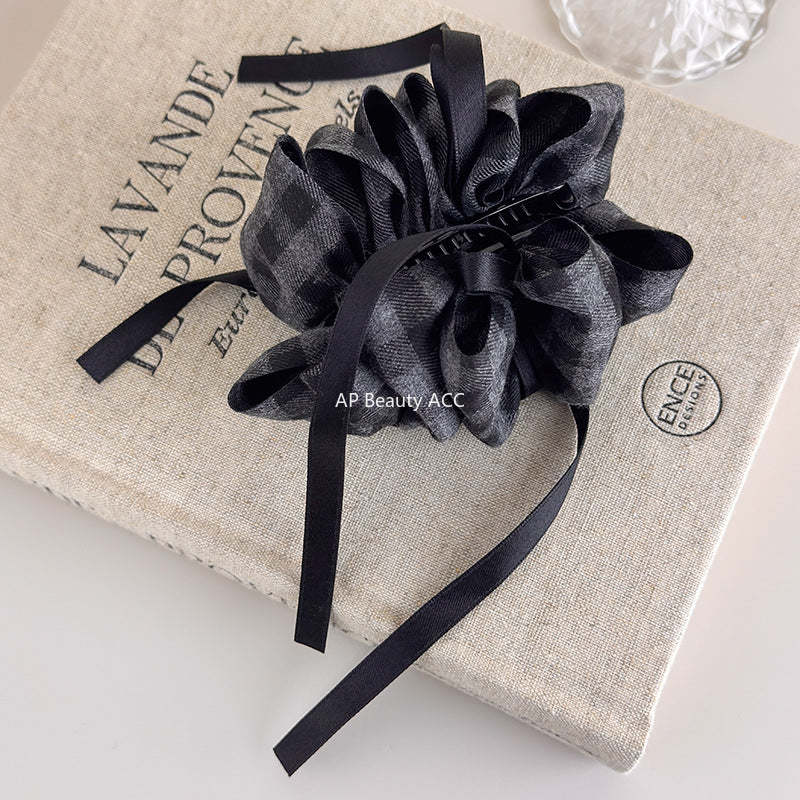 E관 - 그레이 체크 기모 리본 스트랩 집게핀 [27723] 25.11-4