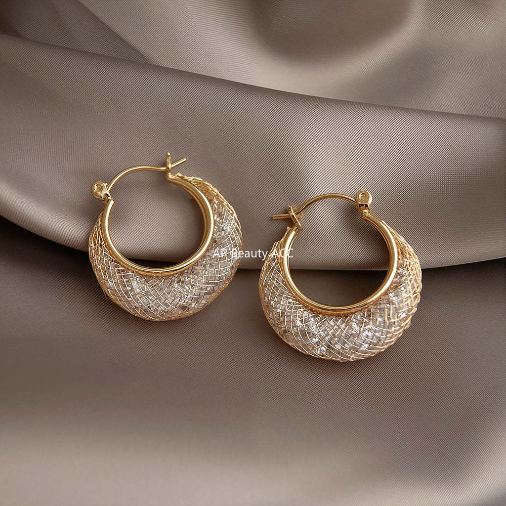 C관 - 14K 도금 망사 큐빅 디자인 링 귀걸이 [5739] 25.03-3