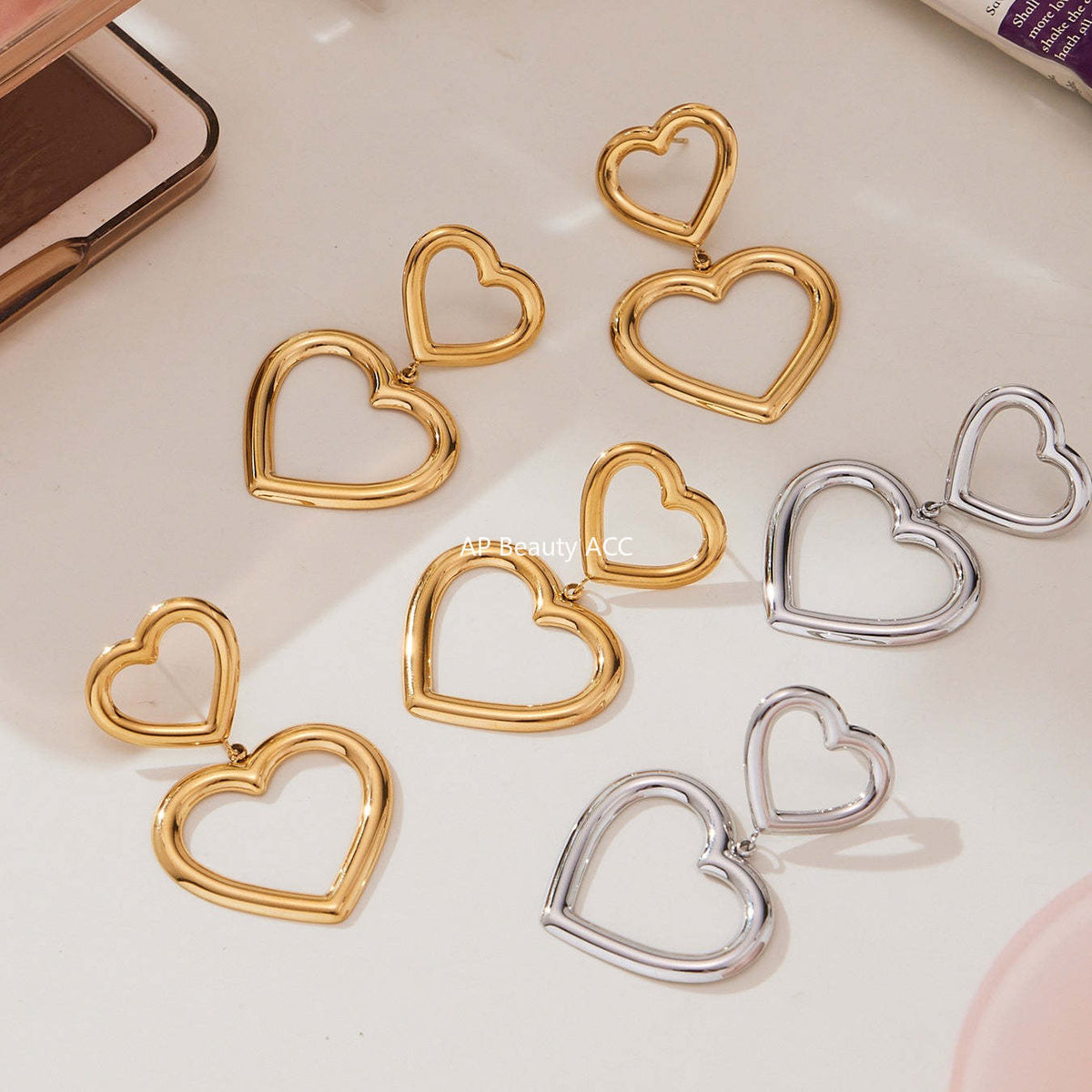 D관 - 18K 도금 스테인리스 스틸 하트 연결 디자인 귀걸이 목걸이 팔찌 [TXP452] 25.10-4