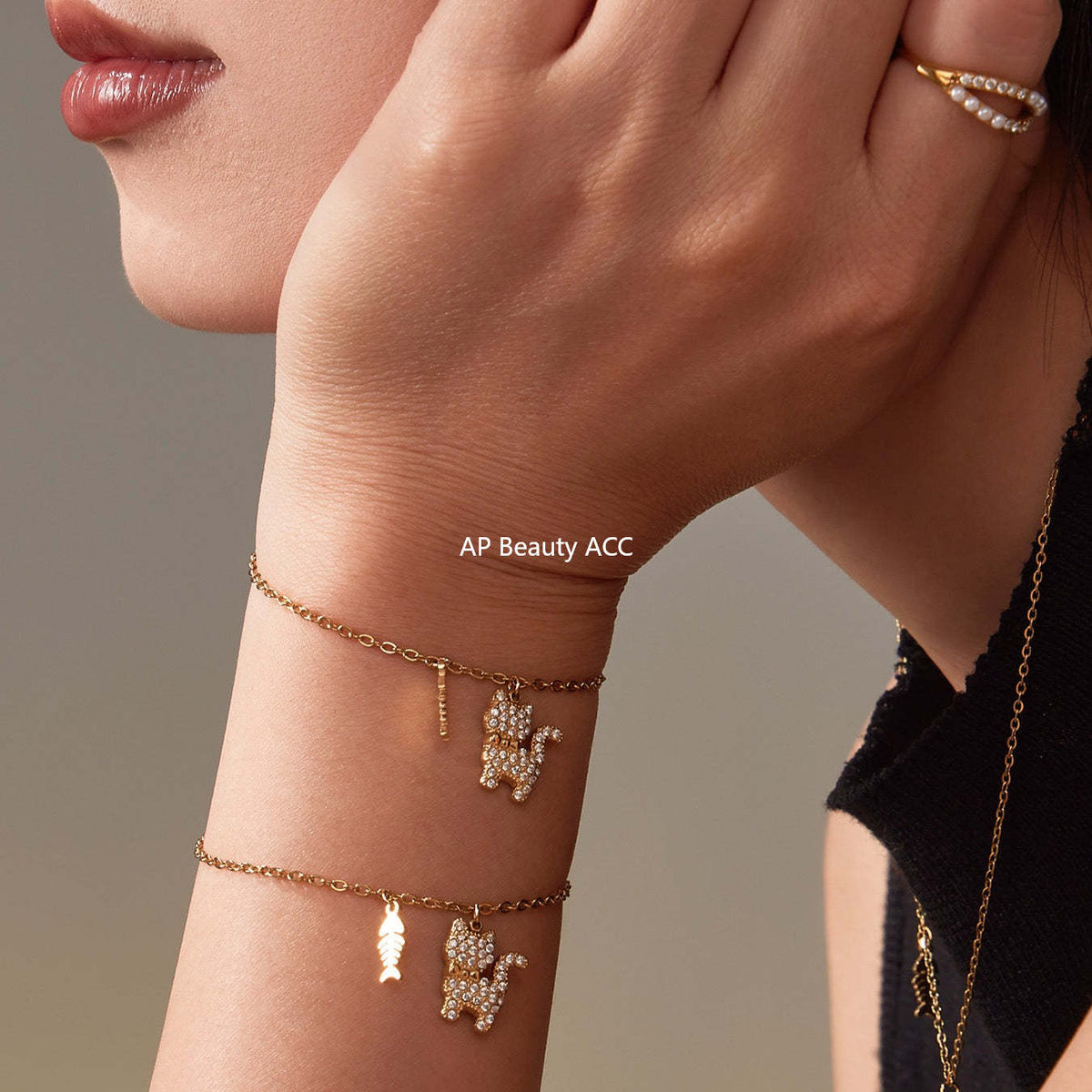 D관 - 고양이 큐빅 펜던트 스테인리스 18K 도금 목걸이 팔찌 [TXP464] 25.11-3