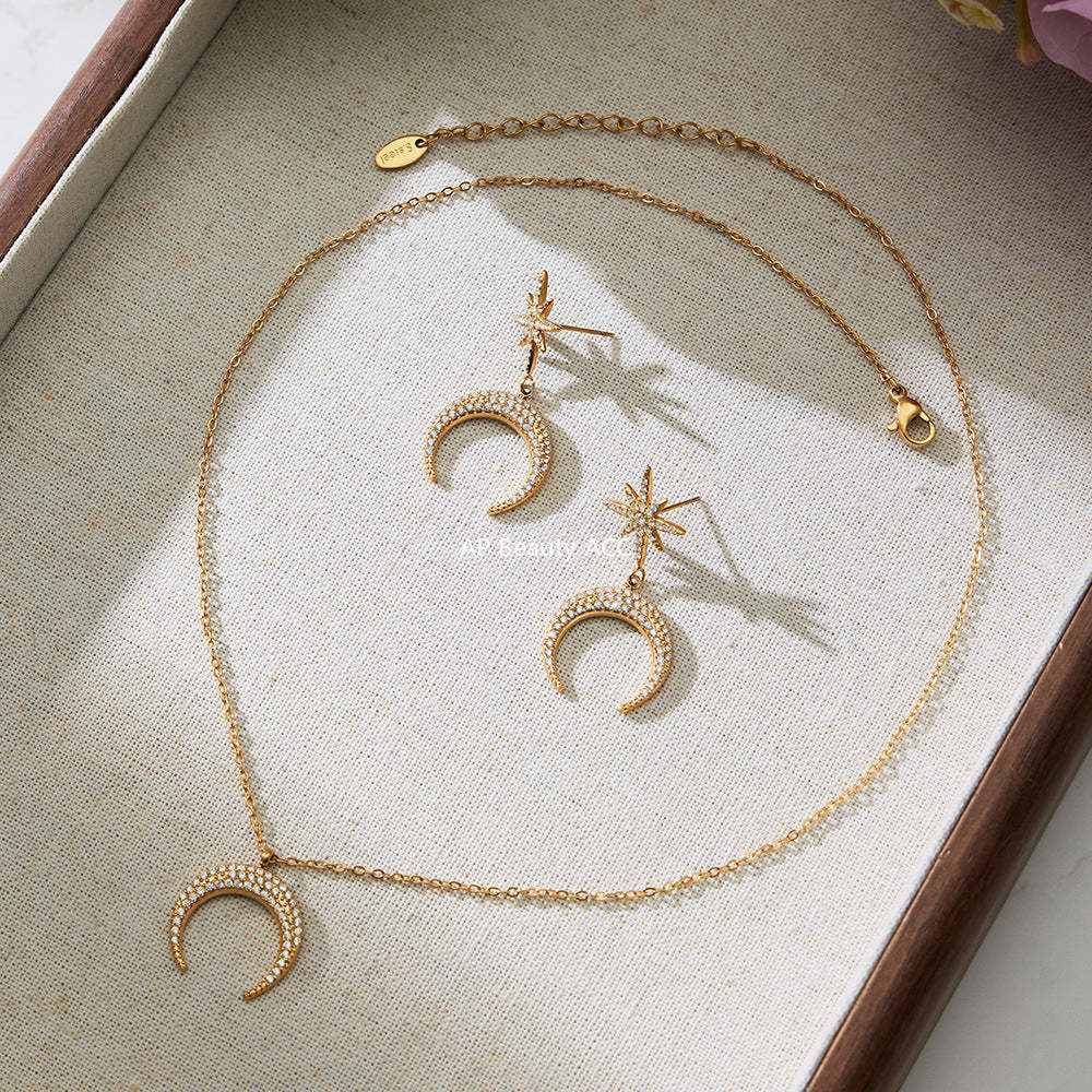 D관 - 스테인리스 스틸 팔각별 초승달 큐빅 펜던트 귀걸이 목걸이 [TXP485] 25.11-4