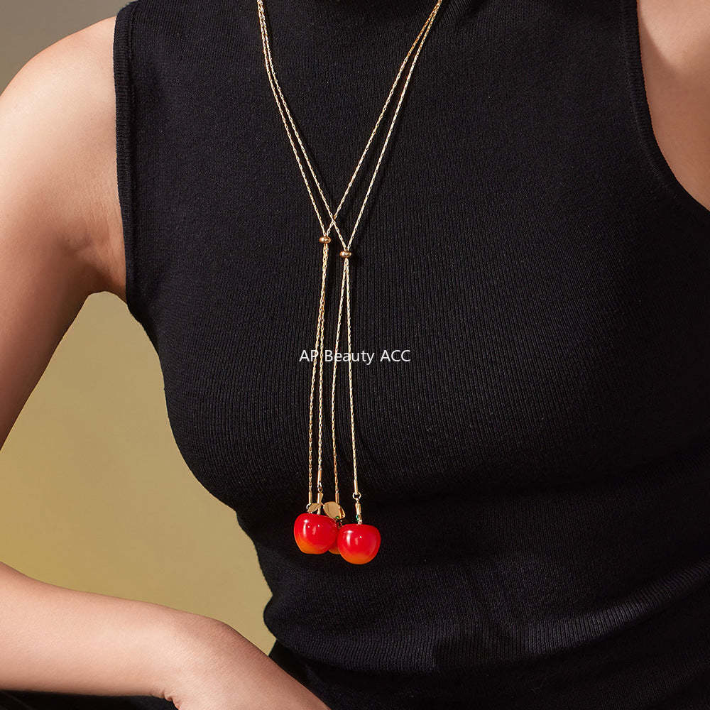 D관 - 큐빅 체리 펜던트 스테인리스 18K 도금 조절형 목걸이 [P1366] 25.11-3